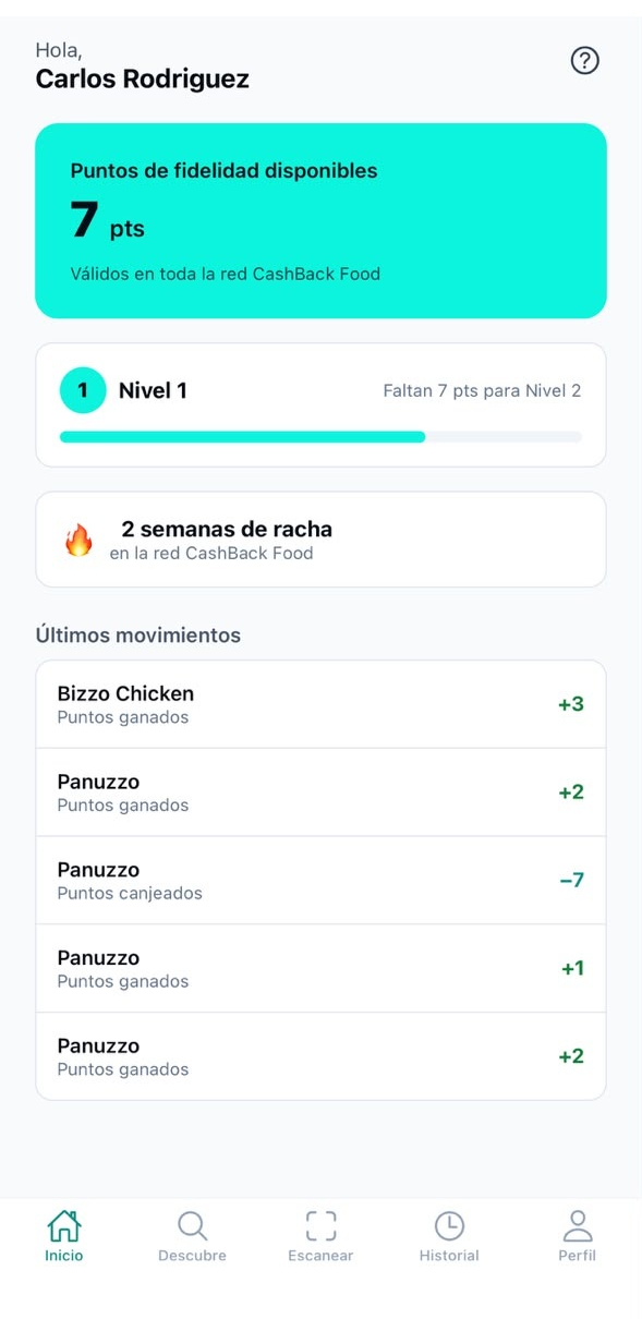 App CashBack Food — pantalla de inicio con puntos, nivel y racha